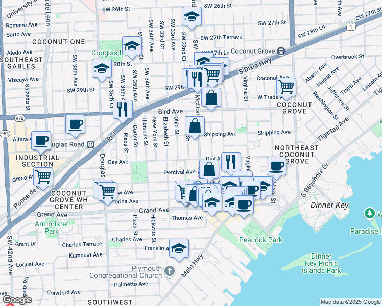 map of restaurants, bars, coffee shops, grocery stores, and more near 3148 Indiana Street in Miami