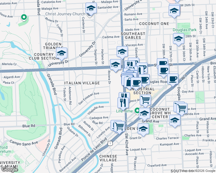 map of restaurants, bars, coffee shops, grocery stores, and more near 518 Altara Avenue in Coral Gables