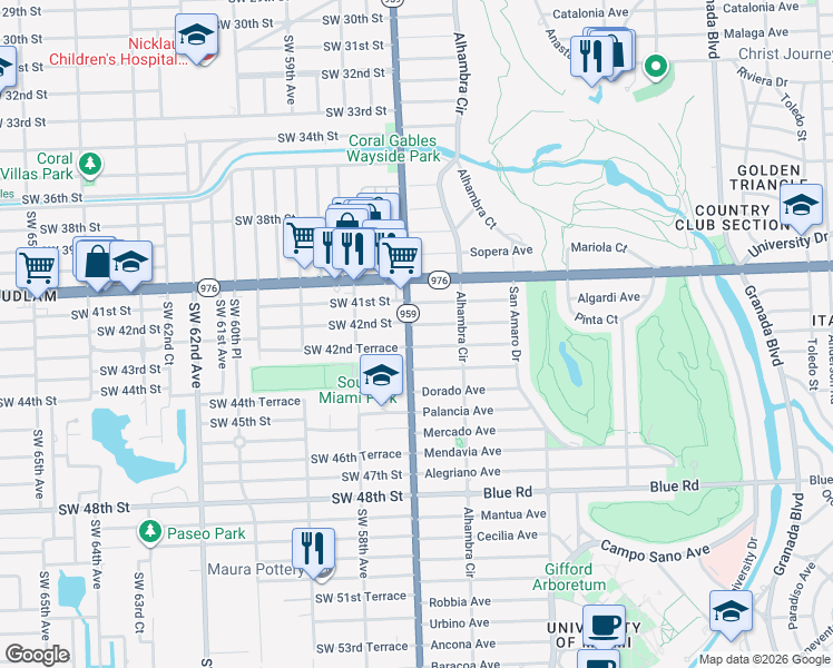 map of restaurants, bars, coffee shops, grocery stores, and more near 1535 Cantoria Avenue in Coral Gables