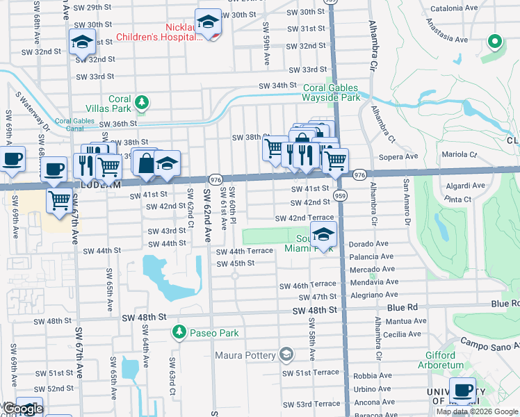 map of restaurants, bars, coffee shops, grocery stores, and more near 5985 Southwest 42nd Street in Miami