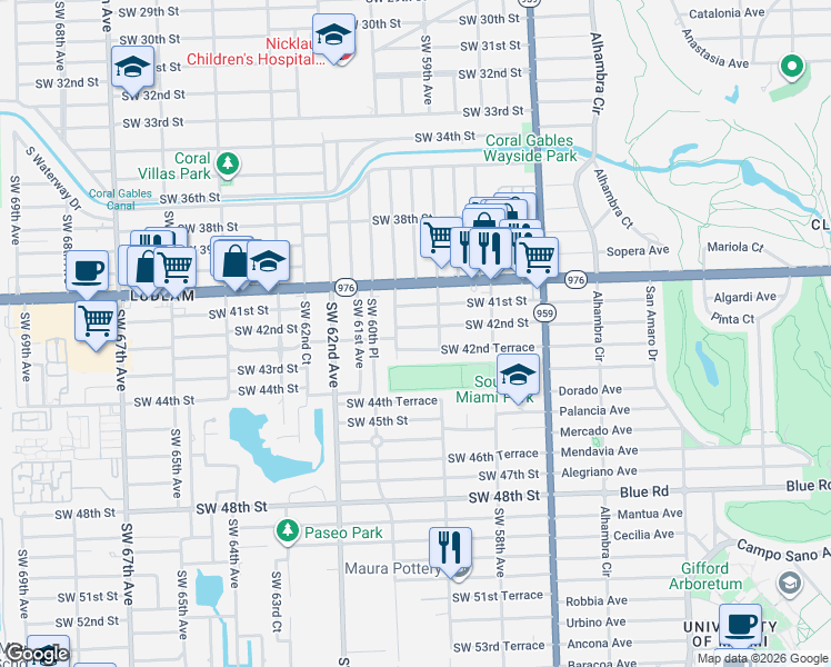 map of restaurants, bars, coffee shops, grocery stores, and more near 5985 Southwest 42nd Street in Miami