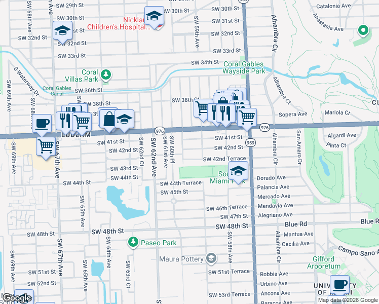 map of restaurants, bars, coffee shops, grocery stores, and more near 5985 Southwest 42nd Street in Miami