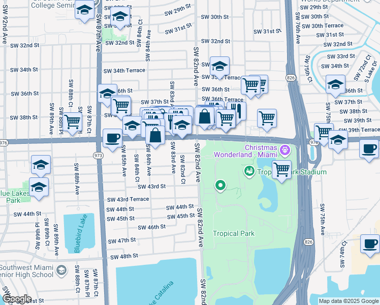 map of restaurants, bars, coffee shops, grocery stores, and more near 8200 Bird Road in Miami