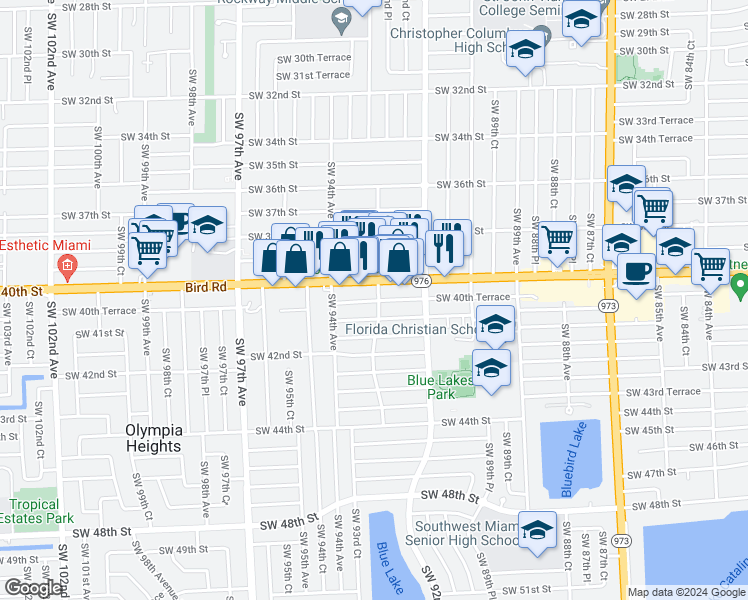 map of restaurants, bars, coffee shops, grocery stores, and more near 9300 Southwest 40th Street in Miami