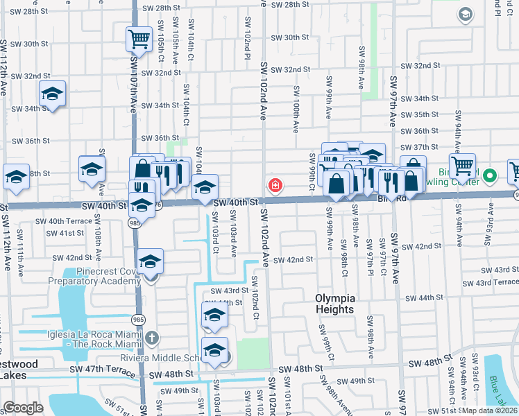map of restaurants, bars, coffee shops, grocery stores, and more near 10140 Southwest 40th Street in Miami