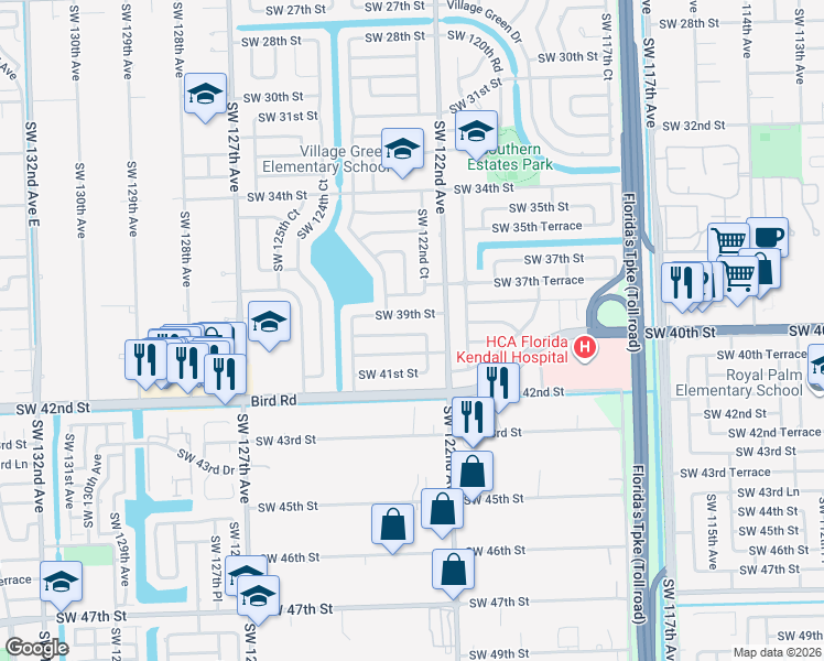 map of restaurants, bars, coffee shops, grocery stores, and more near 12230 Southwest 39th Street in Miami