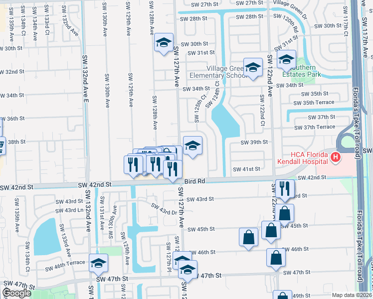 map of restaurants, bars, coffee shops, grocery stores, and more near 3895 Southwest 126th Court in Miami