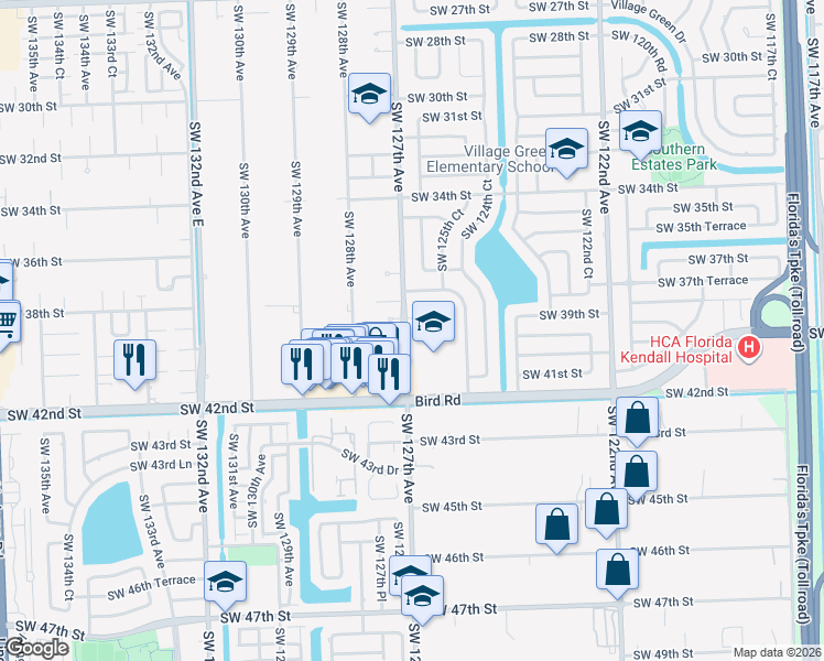 map of restaurants, bars, coffee shops, grocery stores, and more near 12700 Southwest 38th Terrace in Miami