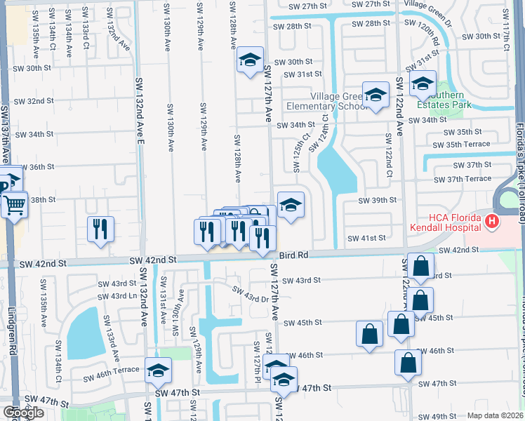 map of restaurants, bars, coffee shops, grocery stores, and more near 12700 Southwest 38th Terrace in Miami