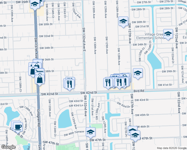 map of restaurants, bars, coffee shops, grocery stores, and more near 3820 Southwest 130th Avenue in Miami