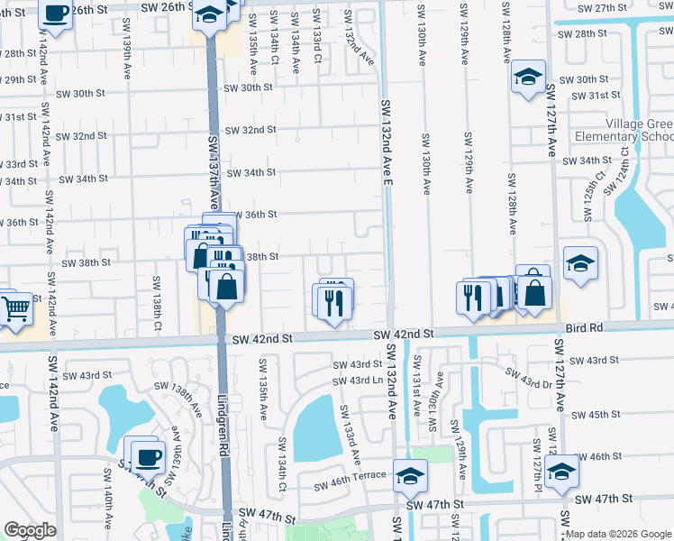 map of restaurants, bars, coffee shops, grocery stores, and more near 3810 Southwest 133rd Court in Miami