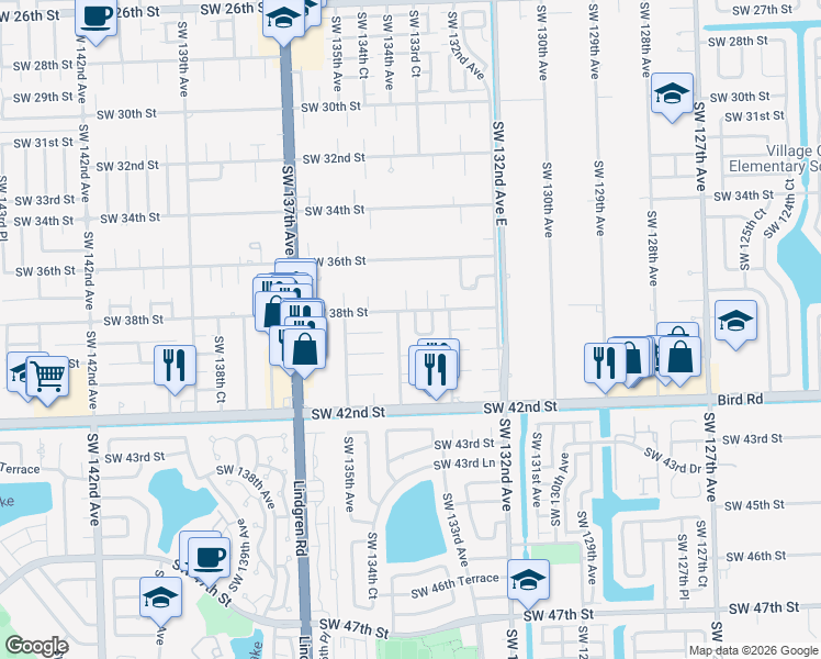 map of restaurants, bars, coffee shops, grocery stores, and more near 13400 Southwest 38th Street in Miami