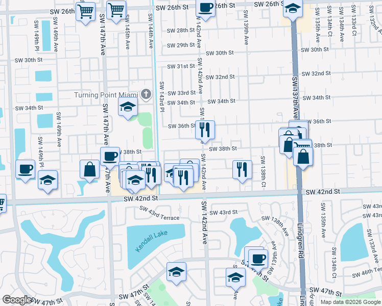 map of restaurants, bars, coffee shops, grocery stores, and more near 14281 Southwest 38th Street in Miami