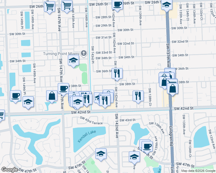 map of restaurants, bars, coffee shops, grocery stores, and more near 14281 Southwest 38th Street in Miami