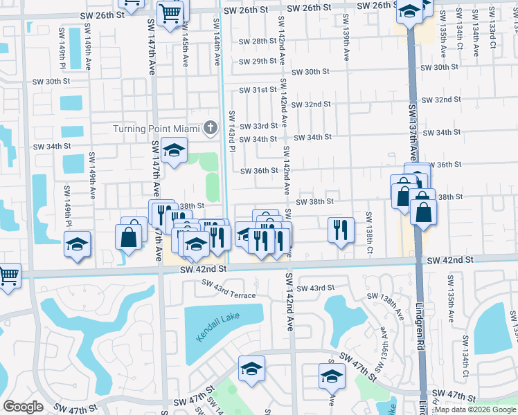 map of restaurants, bars, coffee shops, grocery stores, and more near 14281 Southwest 38th Street in Miami