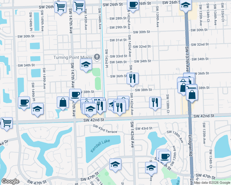 map of restaurants, bars, coffee shops, grocery stores, and more near 14281 Southwest 38th Street in Miami