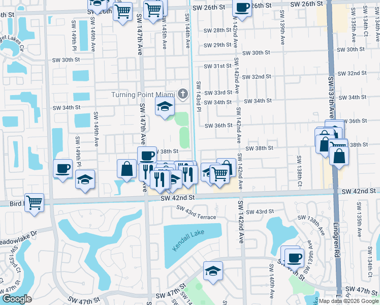 map of restaurants, bars, coffee shops, grocery stores, and more near 14428 Southwest 38th Street in Miami