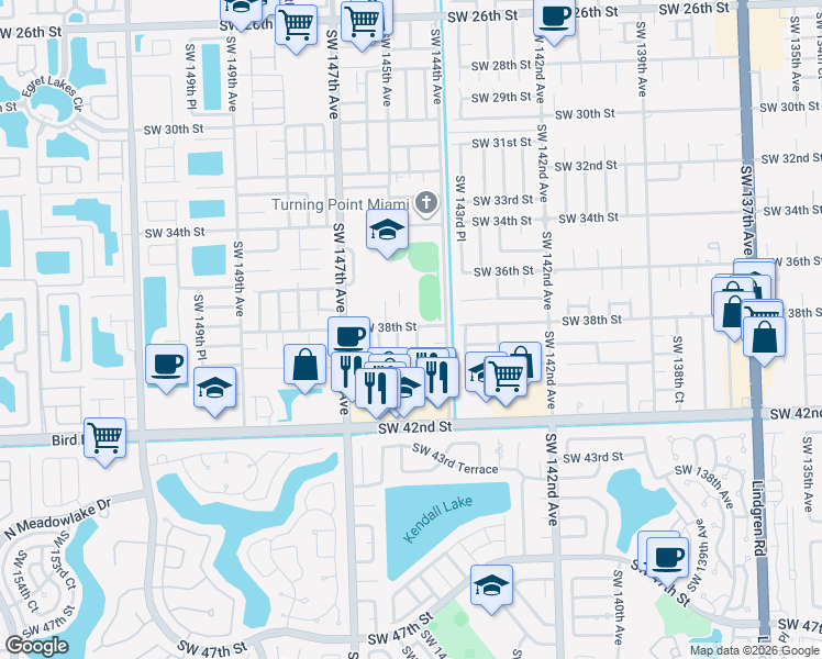 map of restaurants, bars, coffee shops, grocery stores, and more near 14428 Southwest 38th Street in Miami
