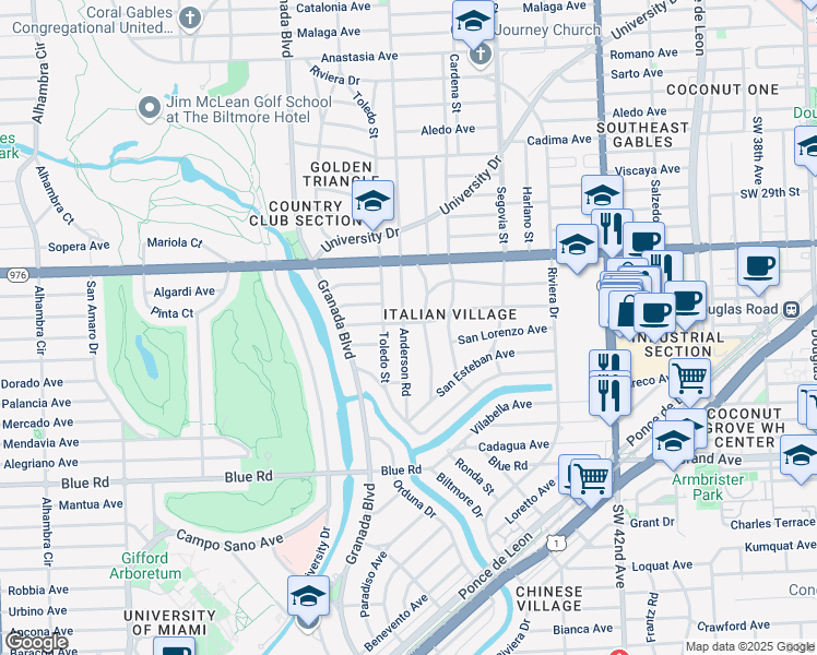 map of restaurants, bars, coffee shops, grocery stores, and more near 4301 Anderson Road in Coral Gables