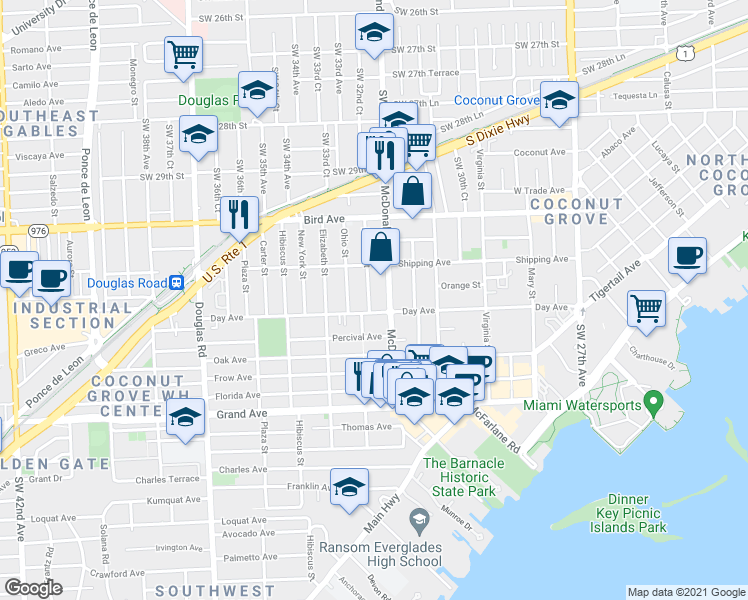 map of restaurants, bars, coffee shops, grocery stores, and more near 3148 Indiana Street in Miami