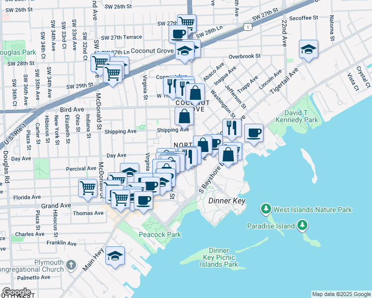map of restaurants, bars, coffee shops, grocery stores, and more near 2703 Day Avenue in Miami