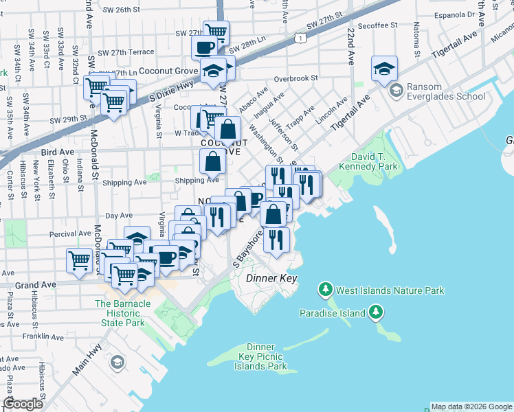map of restaurants, bars, coffee shops, grocery stores, and more near 2627 South Bayshore Drive in Miami