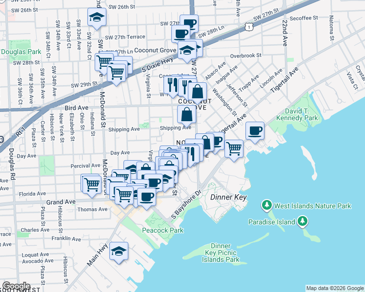 map of restaurants, bars, coffee shops, grocery stores, and more near 3159 Mary Street in Miami