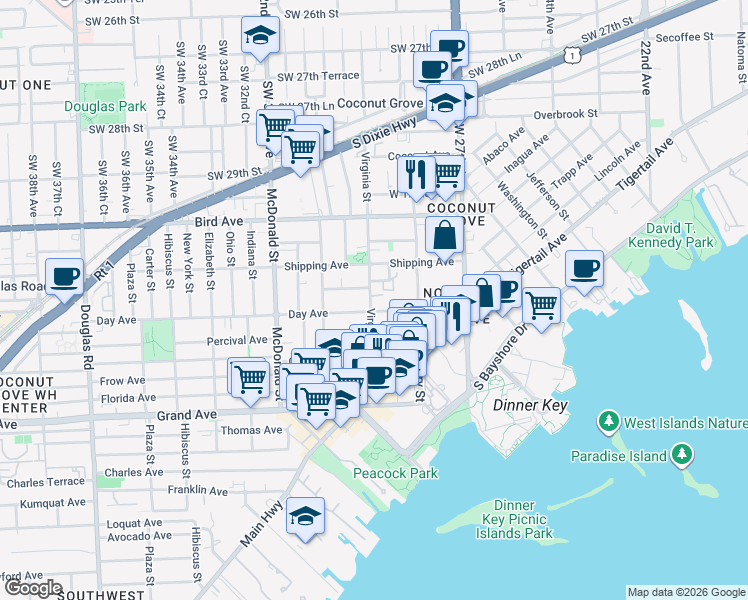map of restaurants, bars, coffee shops, grocery stores, and more near in Doral