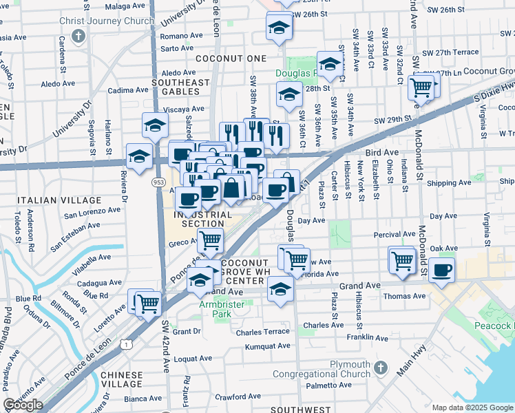 map of restaurants, bars, coffee shops, grocery stores, and more near 3150 Southwest 38th Avenue in Miami