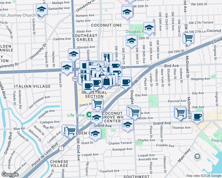 map of restaurants, bars, coffee shops, grocery stores, and more near 3160 Southwest 38th Court in Miami
