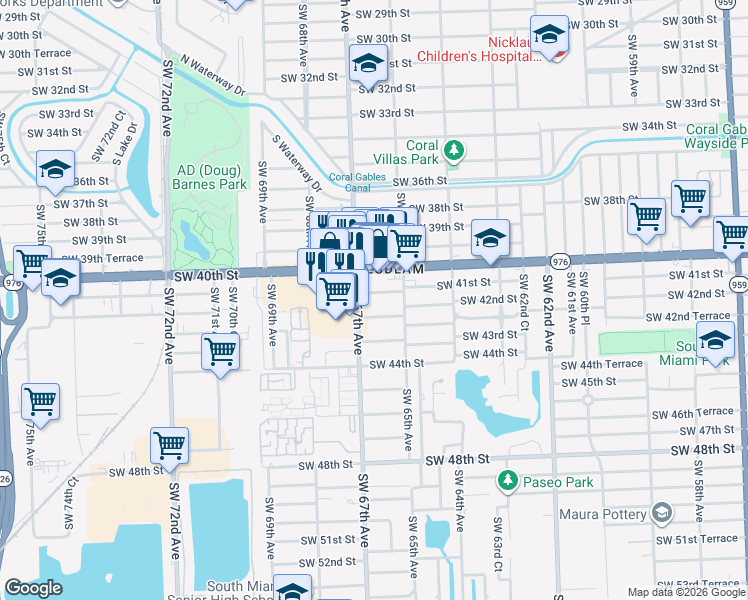 map of restaurants, bars, coffee shops, grocery stores, and more near 6625 Southwest 41st Street in Miami
