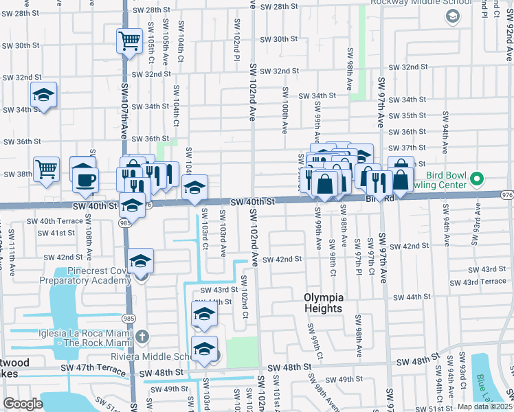 map of restaurants, bars, coffee shops, grocery stores, and more near 10140 Southwest 40th Street in Miami