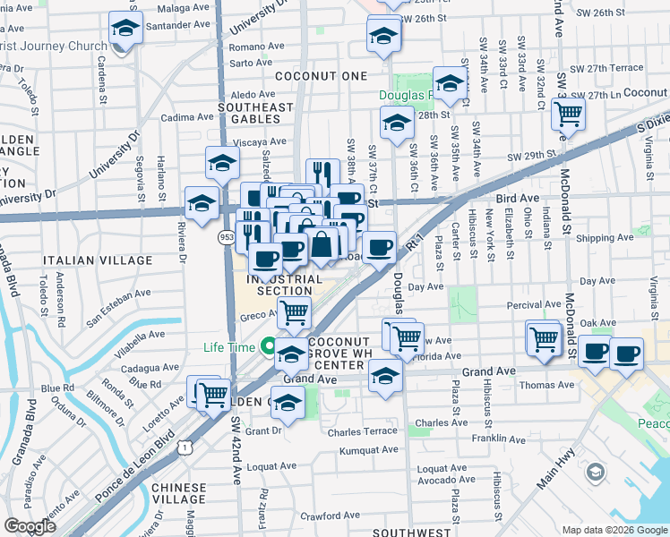 map of restaurants, bars, coffee shops, grocery stores, and more near 3160 Southwest 38th Court in Miami