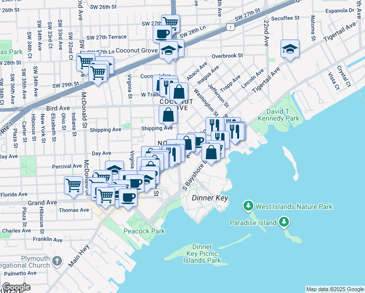 map of restaurants, bars, coffee shops, grocery stores, and more near 2663 Tigertail Avenue in Miami