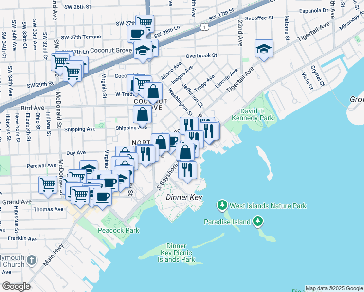 map of restaurants, bars, coffee shops, grocery stores, and more near 2627 South Bayshore Drive in Miami