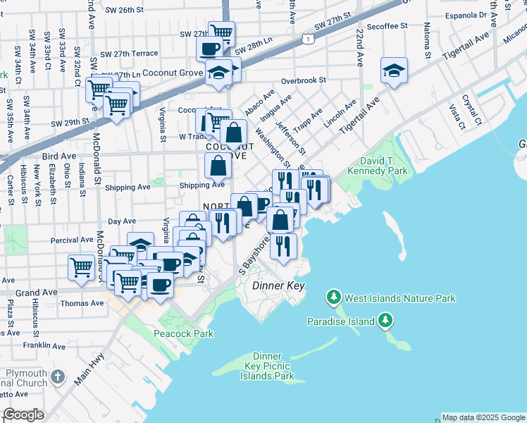 map of restaurants, bars, coffee shops, grocery stores, and more near 2627 South Bayshore Drive in Miami