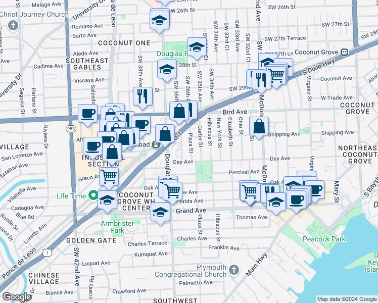 map of restaurants, bars, coffee shops, grocery stores, and more near 3154 Plaza Street in Miami