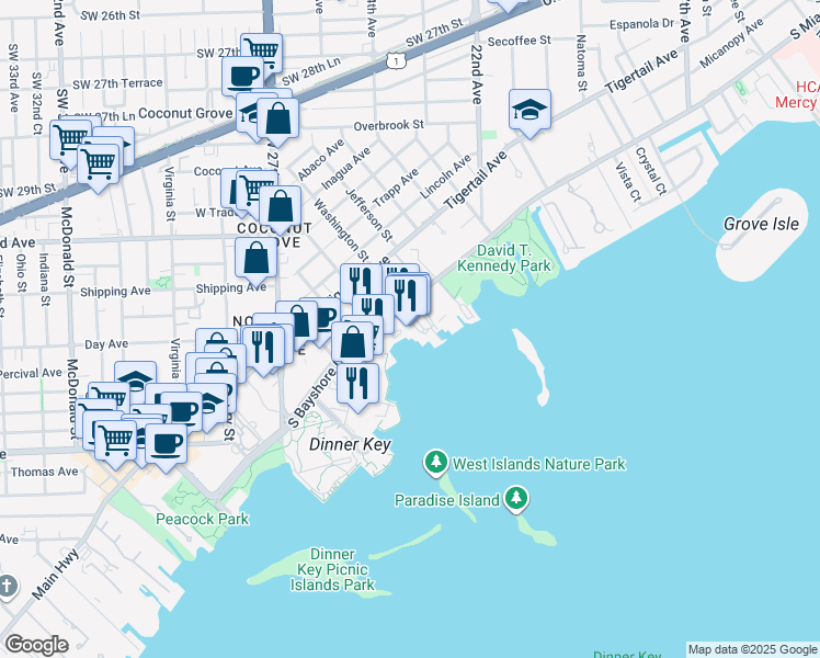 map of restaurants, bars, coffee shops, grocery stores, and more near 2550 South Bayshore Drive in Miami