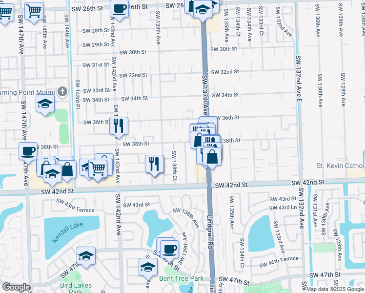 map of restaurants, bars, coffee shops, grocery stores, and more near 13800 Southwest 38th Street in Miami