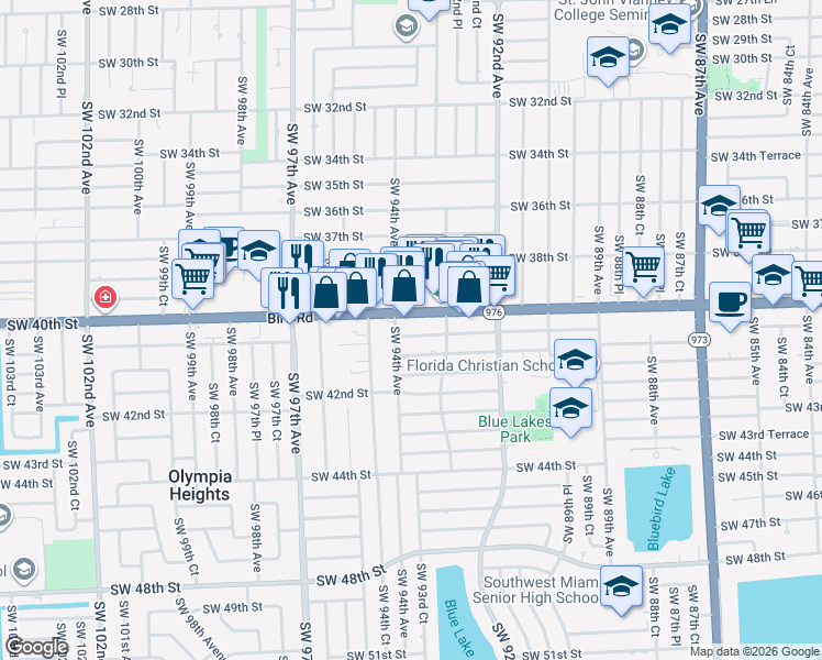 map of restaurants, bars, coffee shops, grocery stores, and more near 9370-9380 Southwest 40th Street in Miami