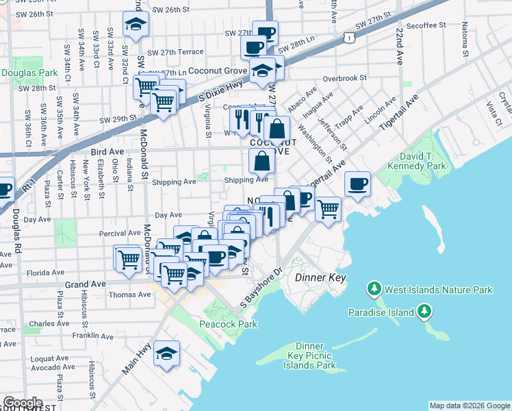 map of restaurants, bars, coffee shops, grocery stores, and more near 3159 Mary Street in Miami