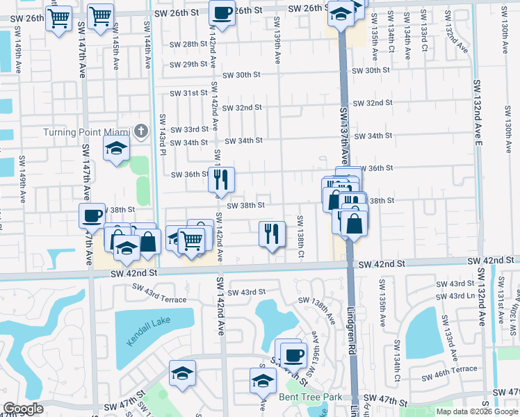 map of restaurants, bars, coffee shops, grocery stores, and more near 3790 Southwest 139th Court in Miami