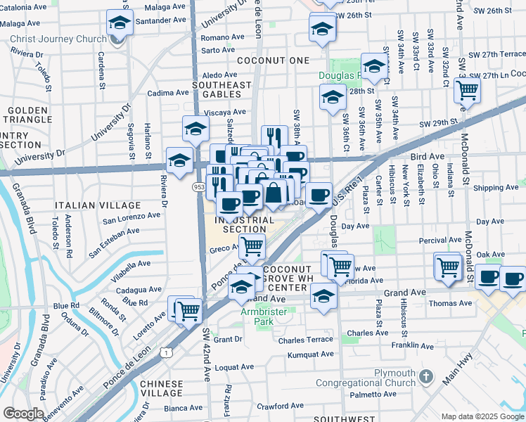 map of restaurants, bars, coffee shops, grocery stores, and more near 3160 Southwest 38th Court in Miami