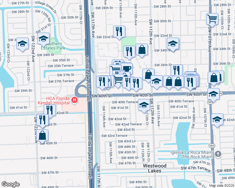 map of restaurants, bars, coffee shops, grocery stores, and more near 11467 Southwest 40th Street in Miami