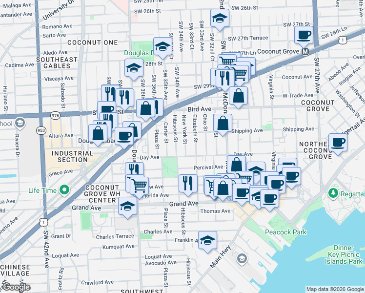 map of restaurants, bars, coffee shops, grocery stores, and more near 3160 New York Street in Miami