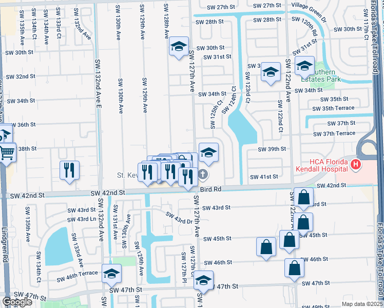 map of restaurants, bars, coffee shops, grocery stores, and more near 12700 Southwest 38th Terrace in Miami