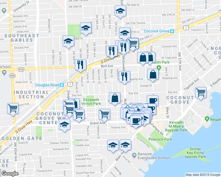 map of restaurants, bars, coffee shops, grocery stores, and more near 3152 Elizabeth Street in Miami