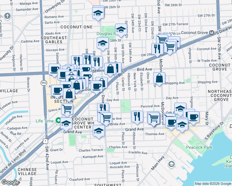 map of restaurants, bars, coffee shops, grocery stores, and more near 3145 Plaza Street in Miami