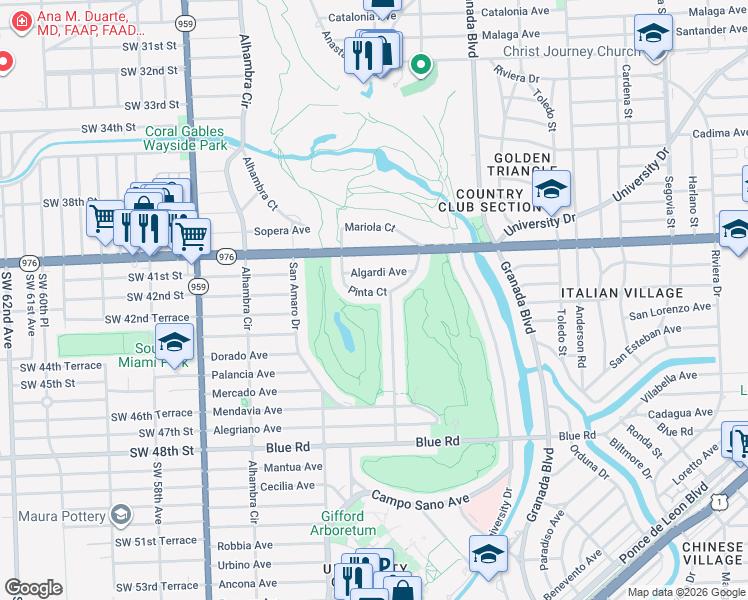 map of restaurants, bars, coffee shops, grocery stores, and more near 4200 Santa Maria Street in Coral Gables