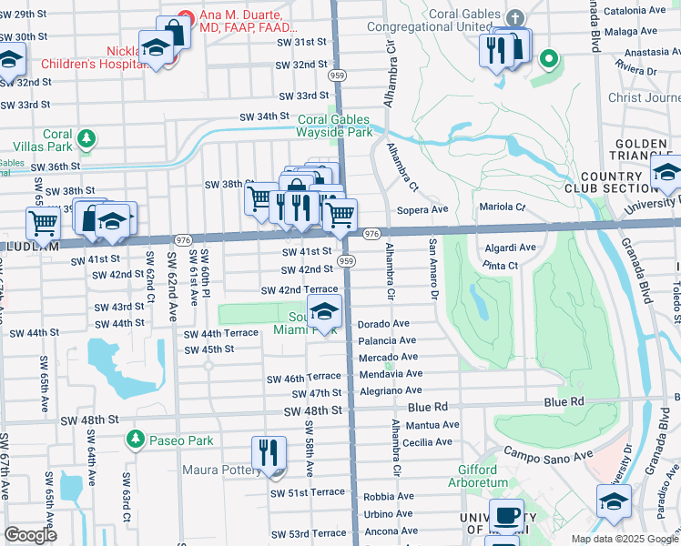 map of restaurants, bars, coffee shops, grocery stores, and more near 1535 Cantoria Avenue in Coral Gables